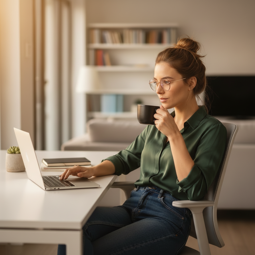 Woman ordering glasses while drinking coffee because it is so easy from Concierge Optics